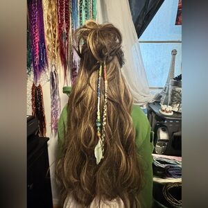 Handmade Mixed Human Hair Dreadlock Wrap with Beads and Feathers - Brown Base